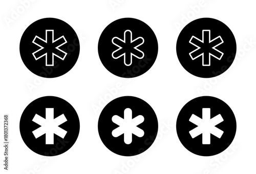 Typographic asterisk icon set in black circle. Six pointed star shapes symbol