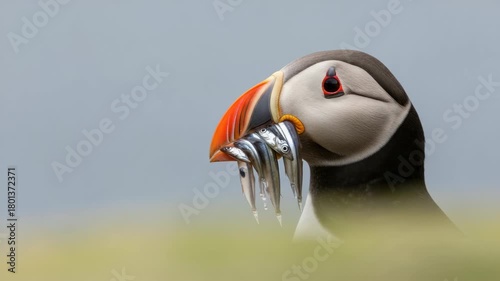 Close up portrait of an atlantic puffin with a beak full of sandeels. Panoramic wildlife banner of a seabird after a successful hunt. Concept of providing and abundance in nature