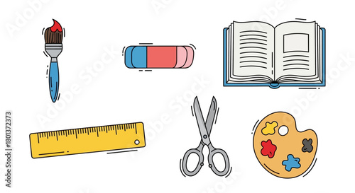 Whimsical art and school supplies arranged for education and creative pursuits