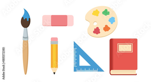 Essential art and school supplies arranged for creative projects and educational purposes