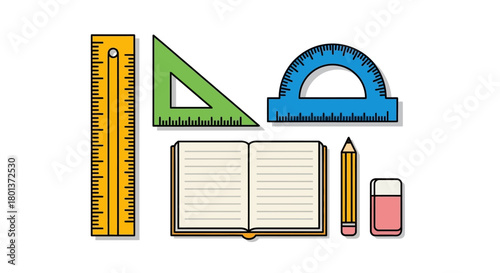 School supplies flat lay illustration featuring ruler, protractor, book, pencil and eraser drawing