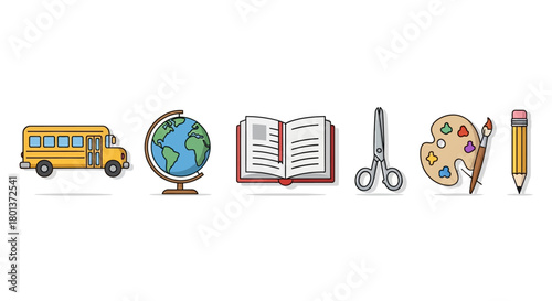 Colorful school supplies illustration showcasing back to school education icons arrayed horizontally