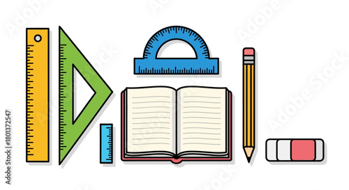Colorful school supplies composition featuring ruler, protractor, book, pencil and eraser arranged