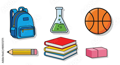 Illustrated school supplies against a clean white backdrop showcasing education elements for