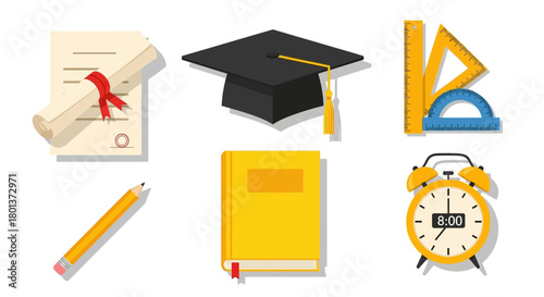 Academic elements representing education process, graduation, school supplies and time management