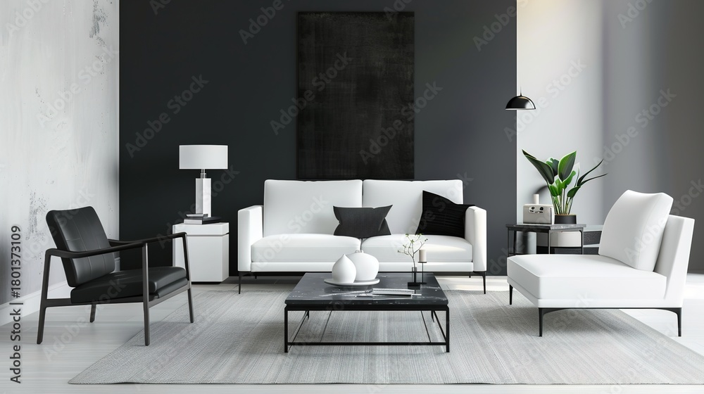 Fototapeta premium Sleek matte metal furniture collection featuring chair, table, shelf and cabinet adding modern industrial charm to home or office interior, 