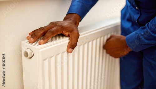 Plumber installing a modern radiator for efficient home heating during winter 