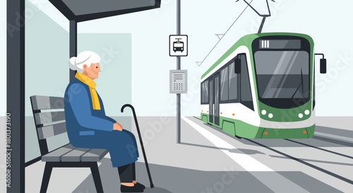 This peaceful flat design illustration features an elderly woman with a cane sitting patiently at a tram stop, reflecting the accessibility and inclusivity of public transport. 