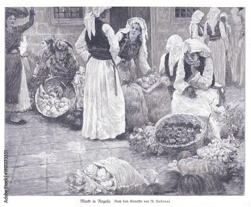 Engraving of a bustling market in Ragusa (Dubrovnik) after a Vlaho Bukovac painting, featuring women in traditional dress selling fruits and vegetables from baskets