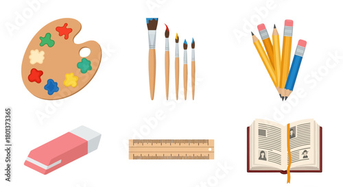 Colorful assortment of art supplies and learning tools isolated on a white background  for