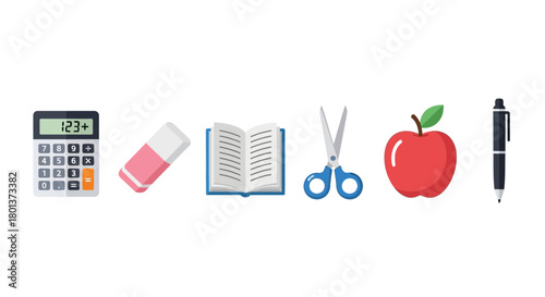 Essential school equipment for learning and teaching displayed creatively on white background
