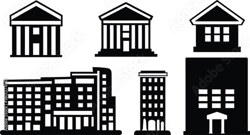 bank building silhouette style minimal icon set vector art illustration on a white background.
