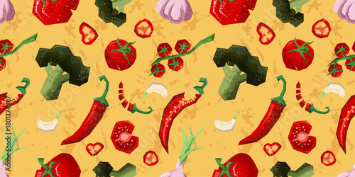 Retro Vegetable Pattern with Chili, Tomato, Broccoli and Garlic Texture