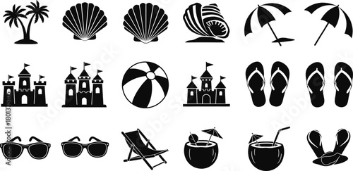 Collection of black and white summer vacation beach icons and symbols for design