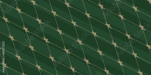 Christmas rhombus seamless pattern. Xmas plaid texture with gold line and stars. Green argyle geometric diamond abstract pattern.