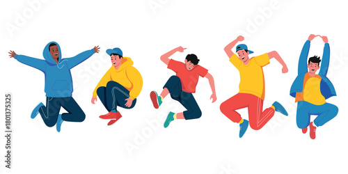 Flat illustration of cheerful boys jumping in dynamic poses wearing bright casual outfits perfect for themes of youth energy celebration friendship active lifestyle fun moments and positive emotions