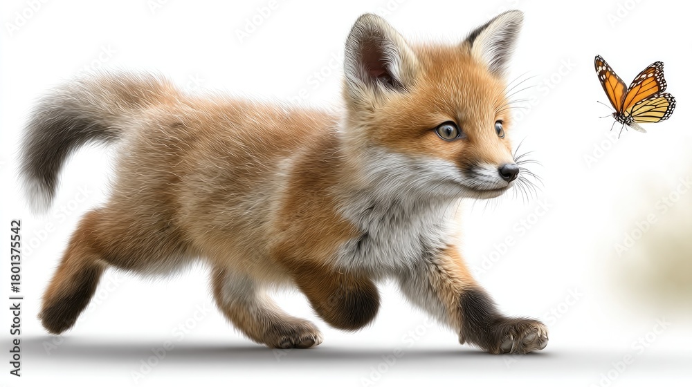 Obraz premium Playful fox cub chasing butterfly on white background for children's design and nature themes