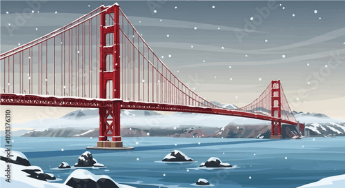 A beautiful vector illustration depicting an iconic red suspension bridge, styled like the Golden Gate Bridge, set against a dramatic winter backdrop. Snow falls gently over the icy blue water 