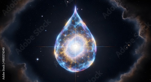 A stunning digital illustration of a luminous cosmic droplet with vibrant colors and intricate details floating in the dark space environment
