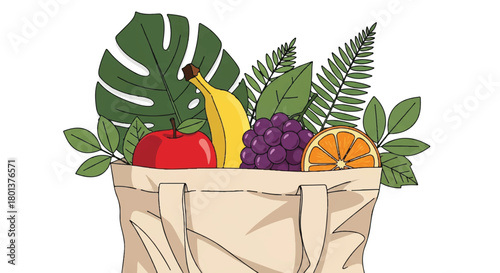 Colorful assortment of fruits in a reusable tote bag for healthy shopping and fresh produce display.