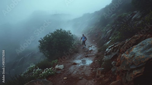 Lone Runner Trails Through Misty Mountain Path Dark Moody Lighting Gloomy Atmospheric Landscape Stone Steps And Vegetation Trail Running