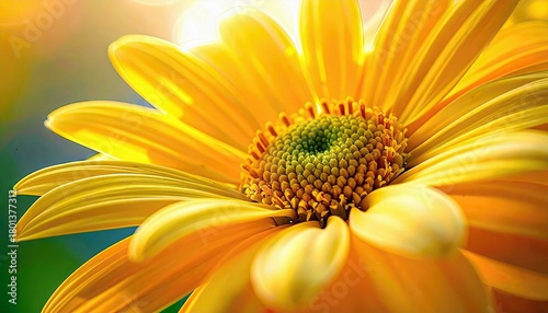 A detailed, sunlit close-up of a bright yellow daisy, showcasing its petals and textured green center.