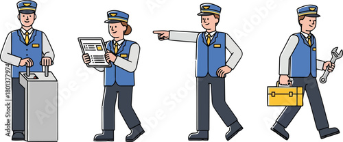Transportation and railway staff diverse roles cartoon illustration set