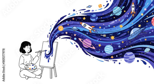 Illustration of a girl painting universe on canvas, unleashing imaginative cosmic scenes with