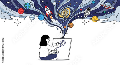 Imagination soars as a young artist paints the vast cosmos on her canvas with boundless creativity