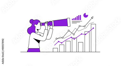 Visionary woman using a telescope for strategic financial analysis forecast