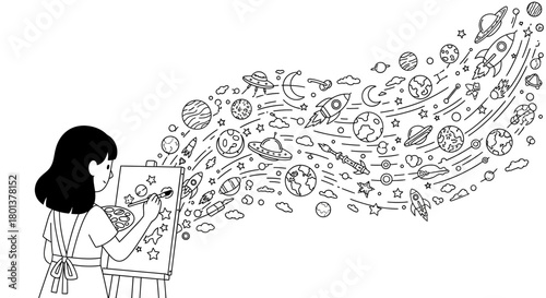 Creative imagination: Young artist painting a cosmic fantasy filled with celestial objects
