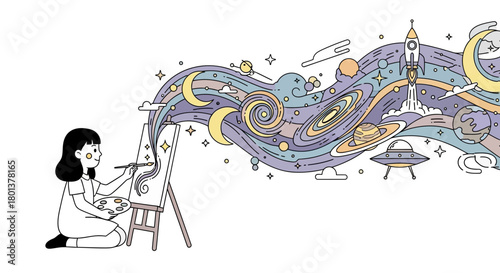 Illustration of a creative girl painting space landscapes on a canvas with imagination