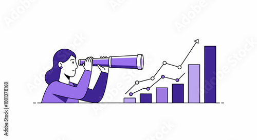Business woman with spyglass looking at growth chart, visual representation of forecasting and