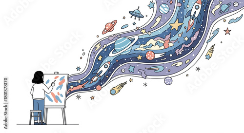 An artist paints a colorful cosmos onto a canvas letting her imagination soar amongst the stars