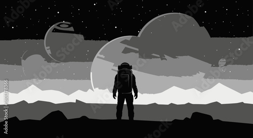 A lone astronaut stands on a desolate alien world, observing distant planets and a star-studded sky, embodying humanity's quest for discovery and the silent majesty of deep space exploration