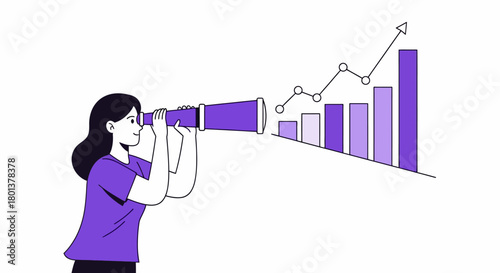 Visionary woman seeks promising growth future with a telescope tool for the success