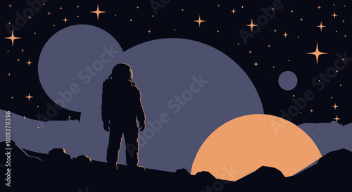 A solitary astronaut stands on a rugged alien planet, observing a spectacular cosmic sunrise across the vast, star-filled expanse, symbolizing exploration and universal wonder