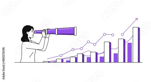 Businesswoman with telescope looking at financial growth represented by bar graph analysis