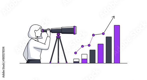 Businesswoman analyzing business growth with telescope seeking opportunities future