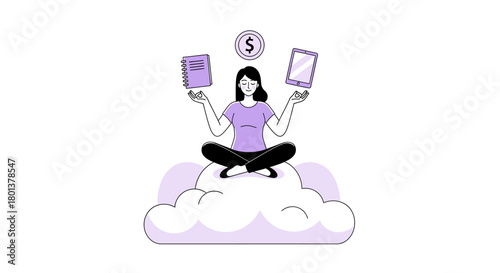 Illustration of a meditating woman on a cloud balancing work and finances through technology