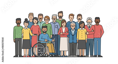 Diverse community group illustration showcasing inclusion and representation with different ages