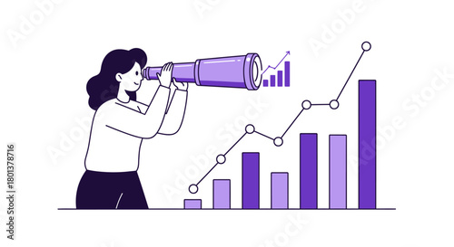 Illustration of woman using spyglass next to a rising graph for business growth and progress
