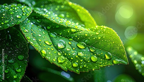 Macro view of lush green leaves adorned with numerous clear water droplets, reflecting light and creating a refreshing natural scene.