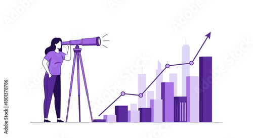 Woman with telescope looking at financial growth chart in futuristic city