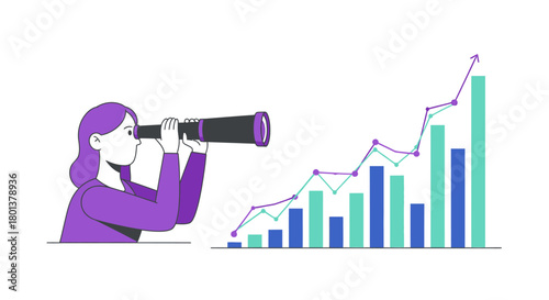Businesswoman using spyglass looking at rising graph, financial growth concept