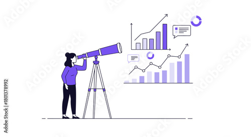 Woman analyzes future trends with telescope overlooking financial growth graphs
