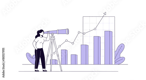 Woman with telescope looking towards rising business statistics for progress insight
