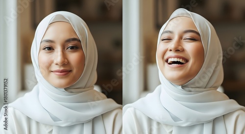 A portrait of a young woman wearing a white hijab and smiling happily in a well-lit indoor setting