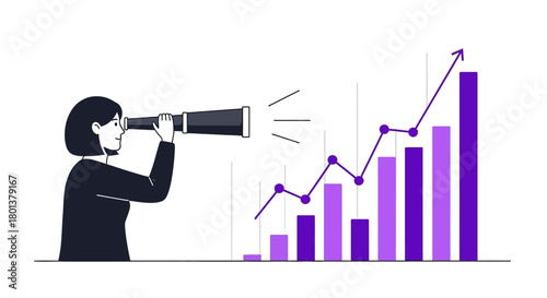 Businesswoman envisions future success by looking through a spyglass towards growth chart