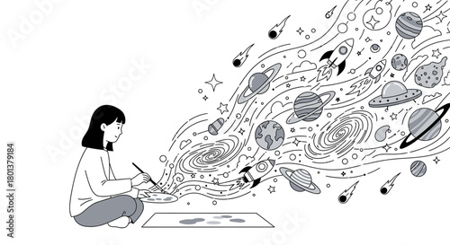 Illustration of a girl painting her imagination of space and planets in monochrome tones